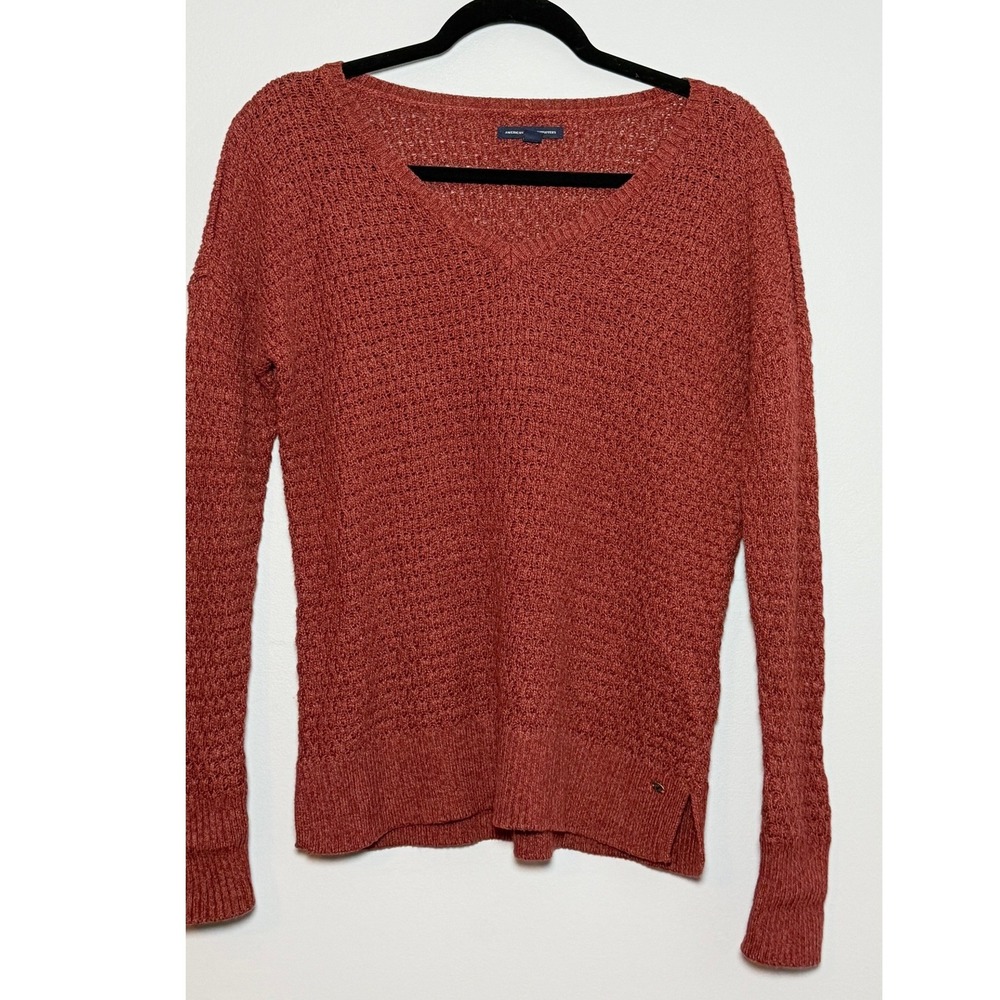 American Eagle Outfitters Womens V-Neck Textured Knit Sweater Rust Orange Small